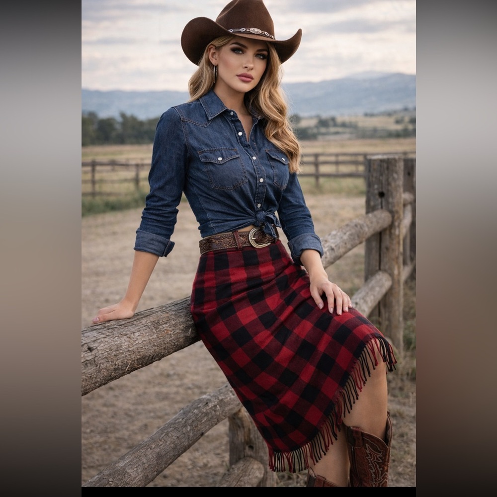 Double D Ranch Red and Black Buffalo Plaid Fringe Midi Skirt